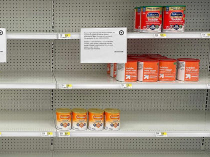 A sign stand next to a small amount of toddler nutritional drink mix at Target in Stevensville, Maryland, on May 16, 2022, as a nationwide shortage of baby formula continues due to supply chain crunches tied to the coronavirus pandemic that have already strained the countrys formula stock, an issue …