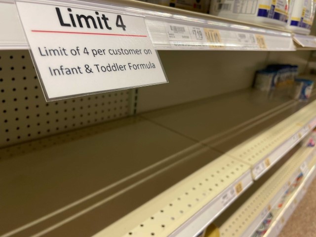 Infant formula aisle in Virginia store has signs limiting the amount each customer may buy.