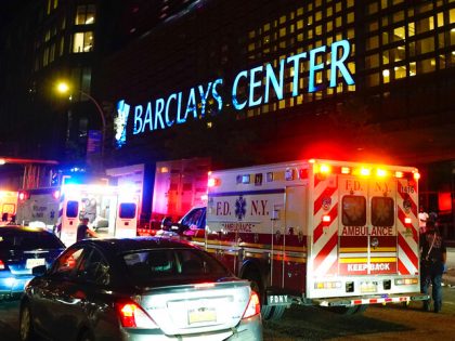 Ambulances gather outside of Barclays Center after a WBA lightweight championship boxing bout Sunday, May 29, 2022, in New York. (AP Photo/Frank Franklin II)