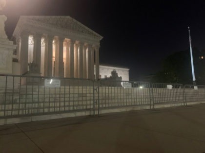Supreme Court Building barricaded in anticipation of demonstrations in light of the leaked draft of a potential Supreme Court decision to overturn Roe v. Wade, on May 2, 2022. (Twitter/@cami_mondeaux)