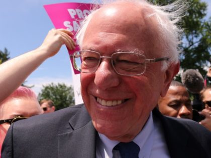 Senator Bernie Sanders (I-VT) joins a rally in front of the US Supreme Court in Washington