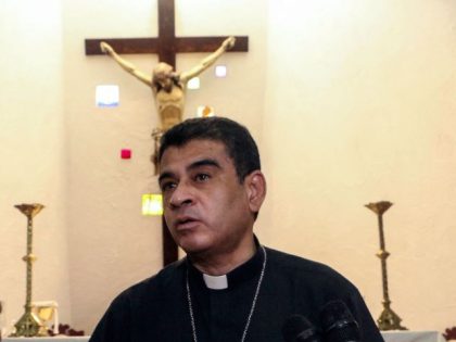 Nicaraguan Catholic bishop Rolando Alvarez speaks to the press at the Santo Cristo de Esqu