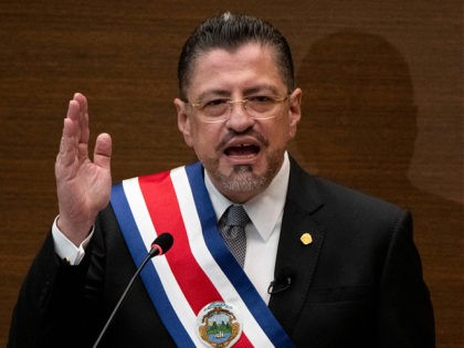 Costa Rica's new President Rodrigo Chaves delivers a speech during his inauguration ceremo