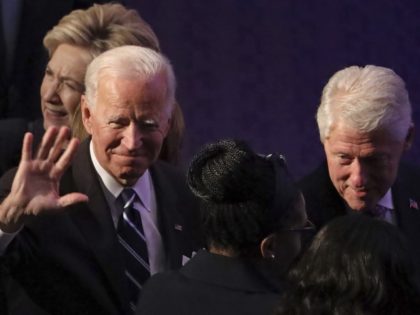 From left, former first lady Hillary Clinton, former Vice President Joe Biden and former President Bill Clinton arrive for the funeral service for Rep. Elijah Cummings (D-MD) at New Psalmist Baptist Church in Baltimore, Maryland, on Friday, Oct. 25, 2019.