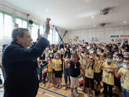 Italian Prime Minister Mario Draghi visiting the Dante Alighieri middle school in Sommacam