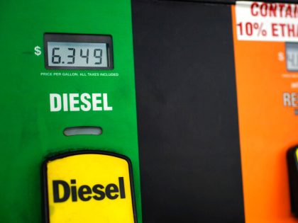 The price diesel fuel is at a record high of $6.34.9 per gallon, as seen on a gasoline pump at Dysart's Restaurant and Pub, Thursday, May 19, 2022, in Bangor, Maine. (AP Photo/Robert F. Bukaty)