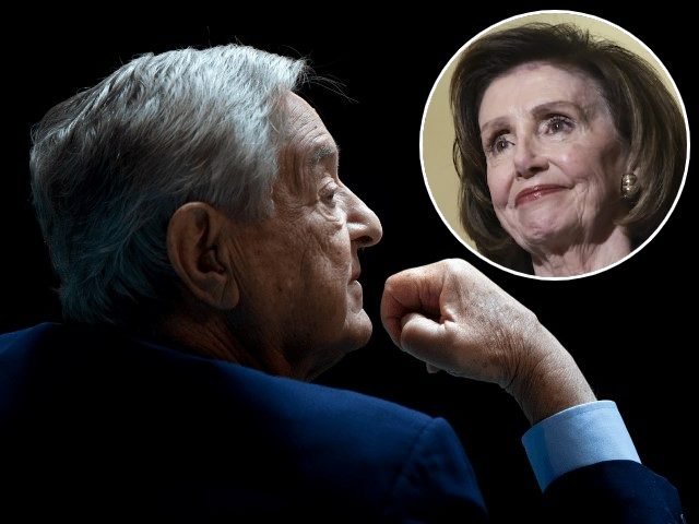 George Soros Profile; inset: Nancy Pelosi