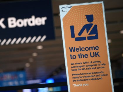 UK border signage is pictured at the passport control in Arrivals in Terminal 2 at Heathrow Airport in London on July 16, 2019 (Photo by Daniel LEAL / AFP) (Photo by DANIEL LEAL/AFP via Getty Images)