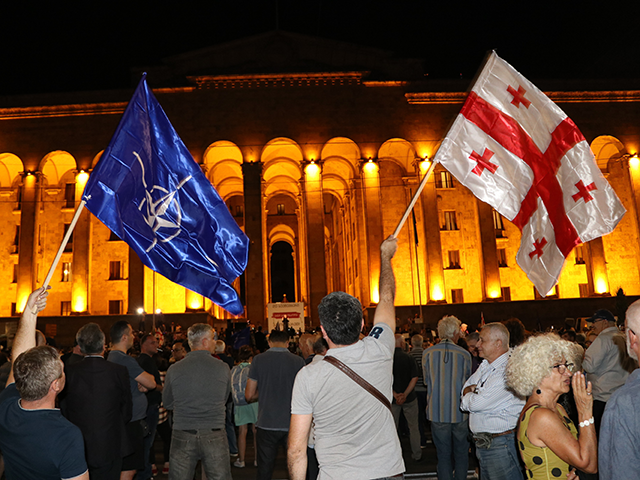 Georgian citizens gather to protest against Georgian Prime Minister Giorgi Gakharia and Ru