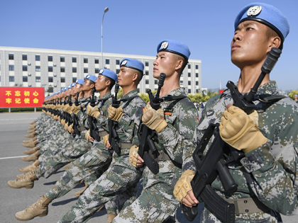 Chinese soldiers practice in Beijing on Sept. 25, 2019, ahead of a military parade on Oct. 1 to mark the 70th anniversary of the founding of the People's Republic of China (Kyodo)