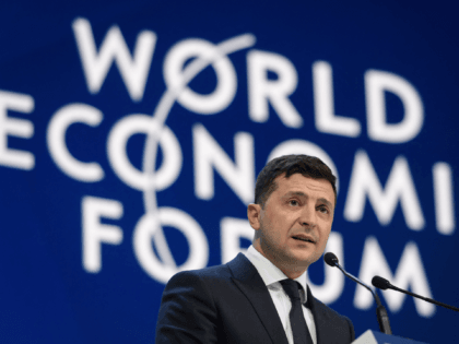 Ukraine's President Volodymyr Zelensky delivers a speech at the World Economic Forum (WEF)