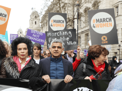 LONDON, ENGLAND - MARCH 08: Bianca Jagger and Sadiq Khan during the #March4Women 2020 rally at Southbank Centre on March 08, 2020 in London, England. The event is to mark International Women's Day. (Photo by Lia Toby/Getty Images)