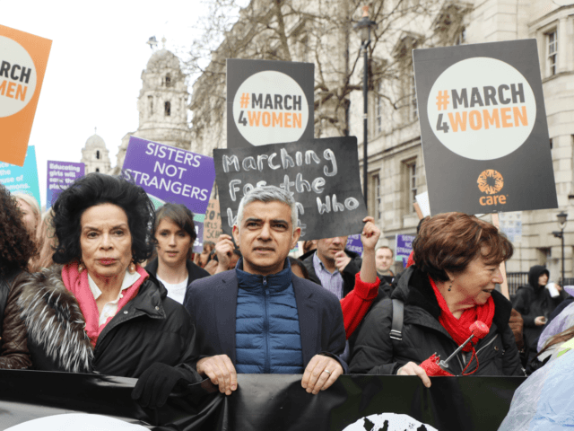 LONDON, ENGLAND - MARCH 08: Bianca Jagger and Sadiq Khan during the #March4Women 2020 rall