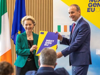 European Commission President Ursula von der Leyen (l) poses with Irish premier Micheal Martin during a joint press conference following a tour of the Technological University Dublin in Dublin on July 16, 2021. (Photo by PAUL FAITH / POOL / AFP) (Photo by PAUL FAITH/POOL/AFP via Getty Images)