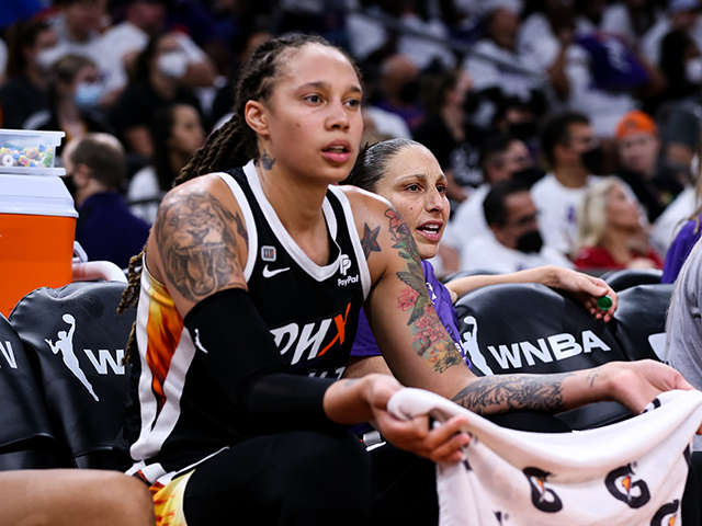 Brittney Griner #42 and Diana Taurasi #3 of the Phoenix Mercury reacts to a foul call in the second half during the game against the Chicago Sky at Footprint Center on October 10, 2021 in Phoenix, Arizona. NOTE TO USER: User expressly acknowledges and agrees that, by downloading and or …