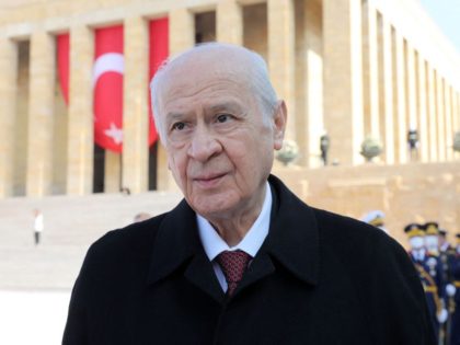 Turkey's far-right MHP party leader Devlet Bahceli visits Anitkabir, the mausoleum of modern Turkey's founder Mustafa Kemal Ataturk, to mark the 98th Anniversary of the Republic on October 29, 2021 in Ankara. (Photo by Adem ALTAN / AFP) (Photo by ADEM ALTAN/AFP via Getty Images)