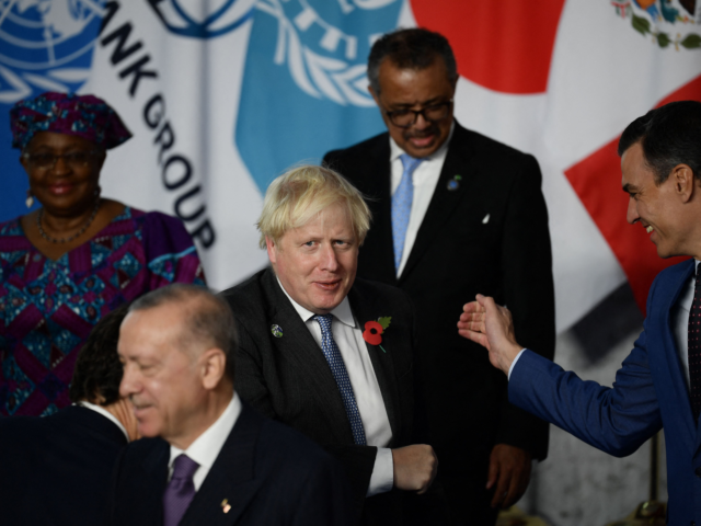 (From L) Director-General of the World Trade Organization (WTO), Ngozi Okonjo-Iweala, Turkish President Recep Tayyip Erdogan, British Prime Minister Boris Johnson, Director General, World Health Organization (WHO), Tedros Adhanom Ghebreyesus and Spanish Prime Minister Pedro Sanchez pose during a group photo of world leaders at the G20 of World Leaders …