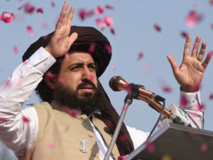 Saad Rizvi, leader of Tehreek-e-Labbaik Pakistan (TLP) party addresses the supporters during his father Khadim Hussain Rizvi's death anniversary in Lahore on November 21, 2021. (Photo by Arif ALI / AFP) (Photo by ARIF ALI/AFP via Getty Images)