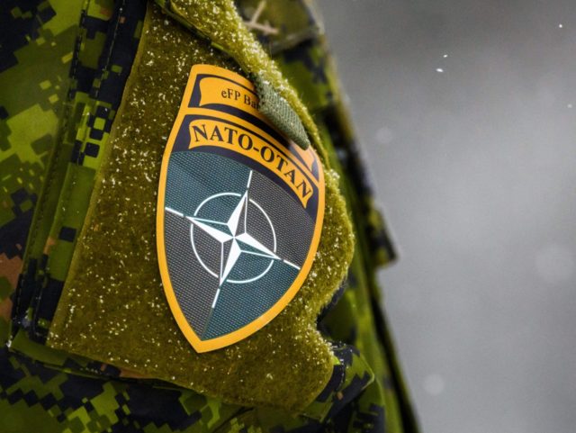 The NATO logo is seen on a uniform during the NATO annual military exercise "Winter Shield" 2021 in Adazi, Latvia, on November 29, 2021. (Photo by Gints Ivuskans / AFP) (Photo by GINTS IVUSKANS/AFP via Getty Images)