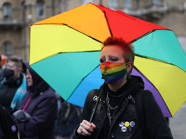 LONDON, ENGLAND - JANUARY 08: A demonstrator wearing a gay pride flag mask attends Trans A