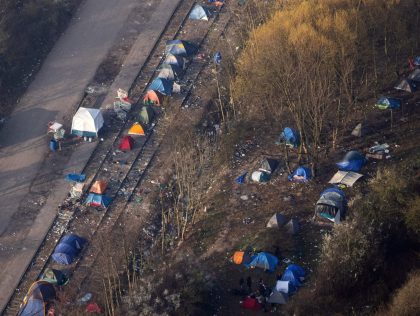 A photograph taken on March 25, 2022 shows a migrants makeshift camp on a railway near Grande-Synthe, northern France. (Photo by Sameer Al-DOUMY / AFP) (Photo by SAMEER AL-DOUMY/AFP via Getty Images)