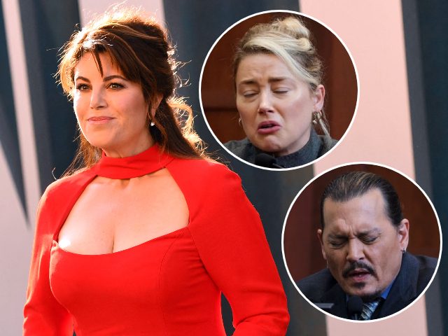 (INSETS: Johnny Depp, Amber Heard) Monica Lewinsky attends the 2022 Vanity Fair Oscar Part