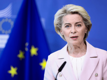 European Commission President Ursula von der Leyen makes a statement in Brussels on April 27, 2022, following the decision by Russian energy giant Gazprom to halt gas shipments to Poland and Bulgaria in Moscow's latest use of gas as a weapon in the conflict in Ukraine. (Photo by Kenzo TRIBOUILLARD …