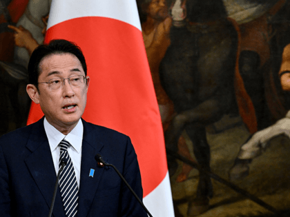 Japanese Prime Minister Fumio Kishida addresses statements to the press after his meeting with the Italian prime minister at the Palazzo Chigi in Rome on May 4, 2022. (Photo by Filippo MONTEFORTE / AFP) (Photo by FILIPPO MONTEFORTE/AFP via Getty Images)