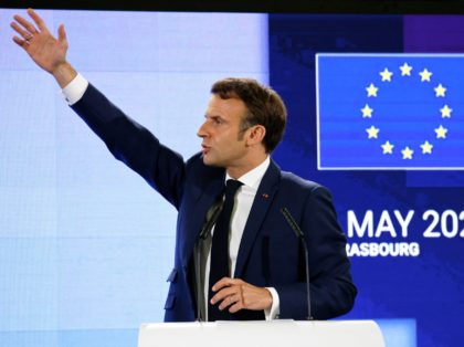 France's President Emmanuel Macron gestures he delivers a speech during the Conference on the Future of Europe and the release of its report with proposals for reform, in Strasbourg, eastern France, on May 9, 2022. (Photo by Ludovic MARIN / POOL / AFP) (Photo by LUDOVIC MARIN/POOL/AFP via Getty Images)