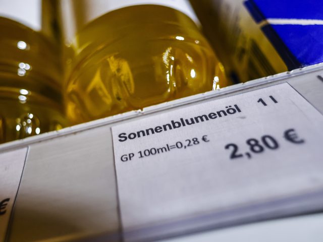 BERLIN, GERMANY - MAY 12: The price tags of cooking oil are pictured in a grocery store on