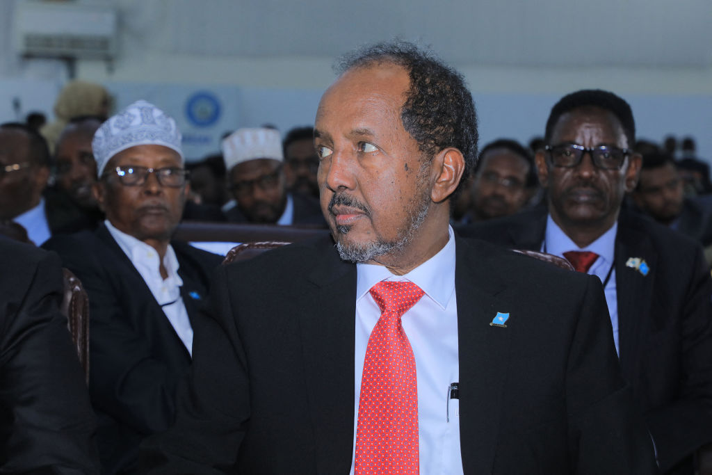 Newly elected Somalia President Hassan Sheikh Mohamud looks on after he was sworn-in, in the capital Mogadishu, on May 15, 2022. - Somalia handed Hassan Sheikh Mohamud the presidency for a second time following May 15's long-overdue election in the troubled Horn of Africa nation, which is confronting an Islamist insurgency and the threat of famine. (Photo by Hasan Ali Elmi / AFP) (Photo by HASAN ALI ELMI/AFP via Getty Images)