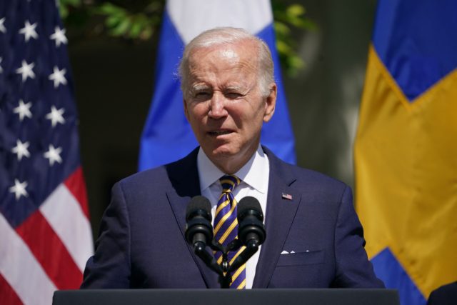 US President Joe Biden, alongside Swedens Prime Minister Magdalena Andersson and Finlands President Sauli Niinistö (out of frame), speaks in the Rose Garden following a meeting at the White House in Washington, DC, on May 19, 2022. - The US on May 18 gave its full support for Sweden and …