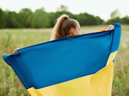 Ukraine's Independence Flag Day. Constitution day. Ukrainian child girl in embroidered shirt vyshyvanka with yellow and blue flag of Ukraine in field. flag symbols of Ukraine. Kyiv, Kiev day