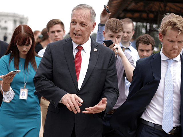 U.S. Rep. Andy Biggs (R-AZ) (C), Chairman of the House Freedom Caucus, talks to reporters