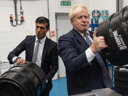 LONDON, ENGLAND - OCTOBER 27: British Prime Minister Boris Johnson and Britain's Chancellor of the Exchequer Rishi Sunak visit 'Fourpure Brewery' in Bermondsey on October 27, 2021 in London, England. Earlier in the day, Sunak presented the government's budget, and how to "deliver a stronger economy for the British people", …