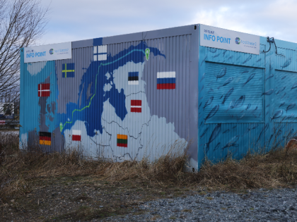 LUBMIN, GERMANY - FEBRUARY 02: A map shows the course of the Nord Stream 2 gas pipeline from Russia to Germany on the exterior of an informational booth close to the receiving station for Nord Stream 2 on February 02, 2022 near Lubmin, Germany. Nord Stream 2, which is owned …