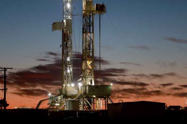 MIDLAND, TEXAS - MARCH 13: An oil drilling rig setup in the Permian Basin oil field on Mar