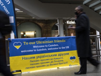LONDON, ENGLAND - APRIL 04: A sign welcoming Ukrainian refugees at St Pancras station on April 04, 2022 in London, England. The UK's Department for Levelling Up, Housing and Communities said that nearly £2 million will be spent on creating 31 "welcome hubs" for Ukrainian refugees at airports, ports and …