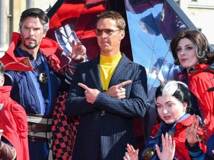 enedict Cumberbatch (C) poses with Cosplayers during the "Doctor Strange In The Multiverse