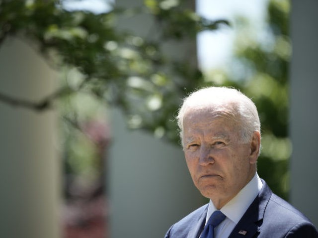 WASHINGTON, DC - MAY 9: U.S. President Joe Biden listens to speakers during an event on hi