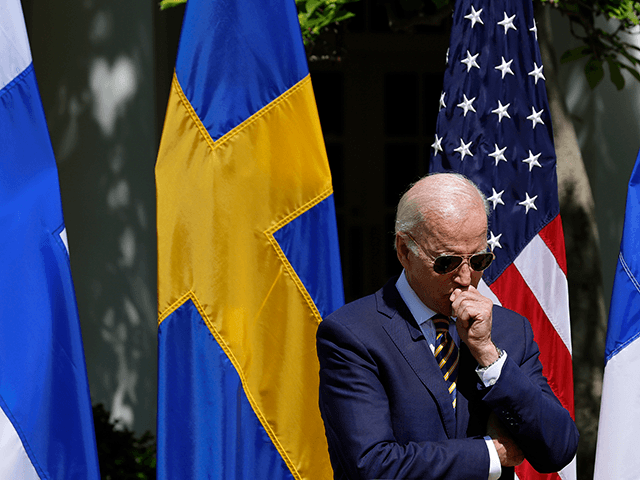 U.S. President Joe Biden listens to remarks by Finland's President Sauli Niinisto and Sweden's Prime Minister Magdalena Andersson in the Rose Garden at the White House on May 19, 2022 in Washington, DC. The leaders are meeting with President Biden and other U.S. officials to discuss the two countries request …