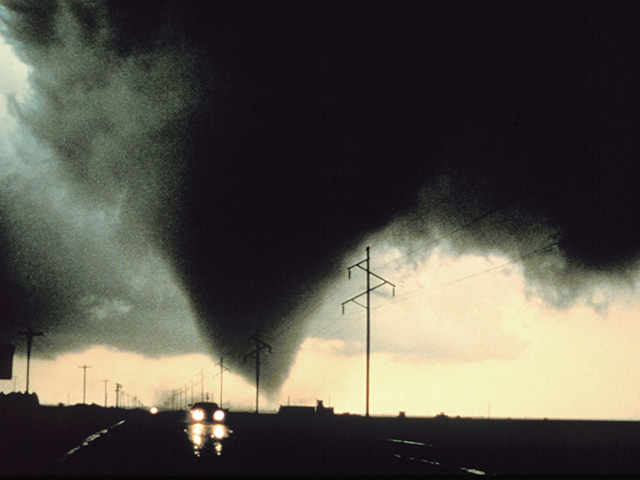 SOUTH OF DIMMITT, TX - JUNE 2: A tornado strikes the landscape south of Dimmitt, Texas, 02