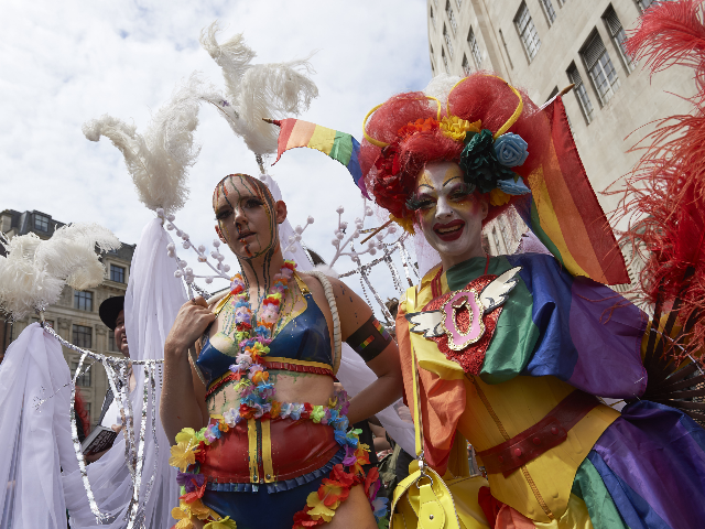Members of the Lesbian, Gay, Bisexual and Transgender (LGBT) community take part in the annual Pride Parade in London on July 8, 2017. (Photo by NIKLAS HALLE'N / AFP) (Photo credit should read NIKLAS HALLE'N/AFP via Getty Images)