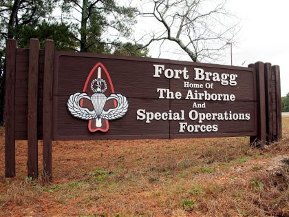 FILE - This Jan. 4, 2020 file photo shows a sign for at Fort Bragg, N.C. The push to remove Confederate names from Pentagon properties, including storied Army posts, could eventually affect hundreds of items and facilities, the chair of the congressionally chartered Naming Commission said Friday, May 21, 2021. …