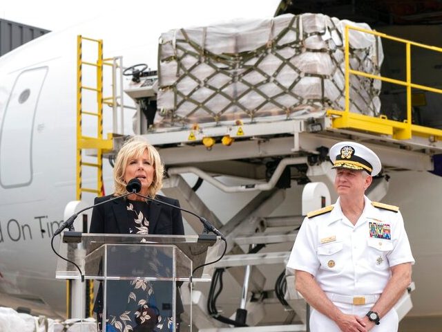 First lady Jill Biden, speaks next to U.S. Surgeon General Dr. Vivek Murthy, left, Vice Admiral Dee Mewbourne, Deputy Commander of the U.S. Transportation Command, and Tarun Malkani, President & CEO at Gerber, after a Fedex Express cargo plane carrying 100,000 pounds of baby formula arrived at Washington Dulles International …
