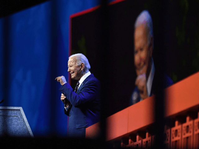 US President Joe Biden addresses the 40th International Brotherhood of Electrical Workers (IBEW) International Convention at McCormick Place convention center in Chicago, Illinois on May 11, 2022. (Photo by Nicholas Kamm / AFP) (Photo by NICHOLAS KAMM/AFP via Getty Images)