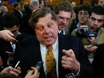 MANCHESTER, NH - JANUARY 05: Mark Penn, chief strategist and pollster for Democratic presidential candidate Sen. Hillary Clinton, speaks to reporters in the "spin room" after the Democratic debate at Saint Anselm College January 5, 2008 in Manchester, New Hampshire. Both Republican and Democratic presidential candidates faced off in debates …