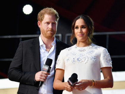 Britain's Prince Harry and Meghan Markle speak during the 2021 Global Citizen Live fe