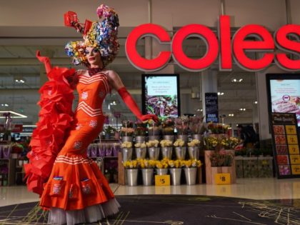 MELBOURNE, AUSTRALIA - AUGUST 17: Art Simone poses in a couture piece inspired by Little Shop 2 mini collectables during the Coles Little Shop swap day at Westfield Southland on August 17, 2019 in Melbourne, Australia. Coles has released a new collection of 30 mini collectables of iconic supermarket products.
