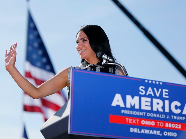Republican congressional candidate Madison Gesiotto Gilbert waves to supporters at a rally at the Delaware County Fairgrounds, Saturday, April 23, 2022, in Delaware, Ohio, where former President Donald Trump is expected to speak later in the day to endorse Republican candidates ahead of the Ohio primary on May 3. (AP …
